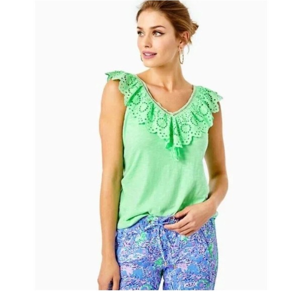 Lilly Pulitzer Plaza Top Green Sleeveless Ruffled Eyelet Collar Tank Size Small - Picture 1 of 8